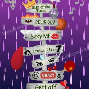 Prince - Music Legends Tribute Signpost Collection w/ graphic symbols of Band/Artist/Songs Art Print