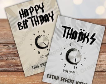Tarjeta de rock "Súbele el volumen al 11" - Divertida tarjeta de cumpleaños o agradecimiento con temática musical, perilla de volumen de amplificador, humor del rock clásico.