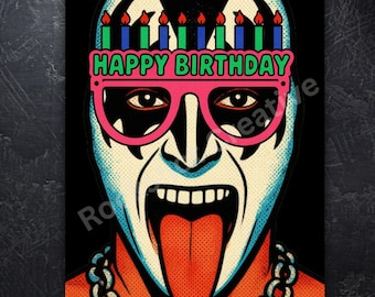 Tarjeta de cumpleaños de glam rock, estrella de rock pop art - Divertida, tarjeta de fiesta con la lengua fuera, tarjeta o letrero para fans de la música