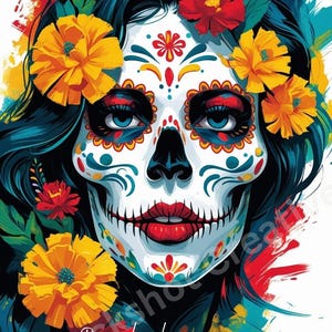 Día de los Muertos Art Print: Calavera Girl with Flowers - Mexican Holiday Decor - &quot;Recordando Con Amor&quot;