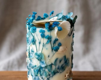 Blue Botanical Soy Wax Candle with Dried Flowers and Shells | Coastal Ocean Decor