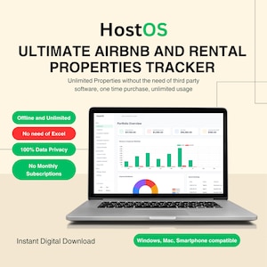 Könnte beinhalten: Ein Laptop mit der Benutzeroberfläche der HostOS Ultimate Airbnb and Rental Properties Tracker Software. Der Bildschirm zeigt eine Portfolio-Übersicht mit Finanzdiagrammen. Der Text umfasst Offline and Unlimited, No need of Excel, 100% Data Privacy und No Monthly Subscriptions.