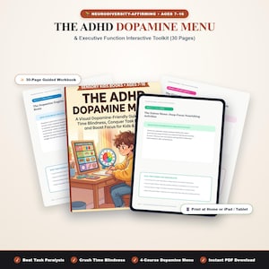 Peut inclure: Un manuel interactif de 30 pages sur le menu dopamine TDAH et les fonctions exécutives. La couverture montre un enfant à un bureau avec un menu visuel et une horloge. Inclut des pages sur le moteur de dopamine, le cerveau et des activités.