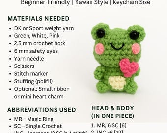 May include: A crochet pattern for an amigurumi frog. The pattern is beginner-friendly and keychain-sized. The frog is green with pink cheeks and a pink heart. The image includes a list of materials and abbreviations.