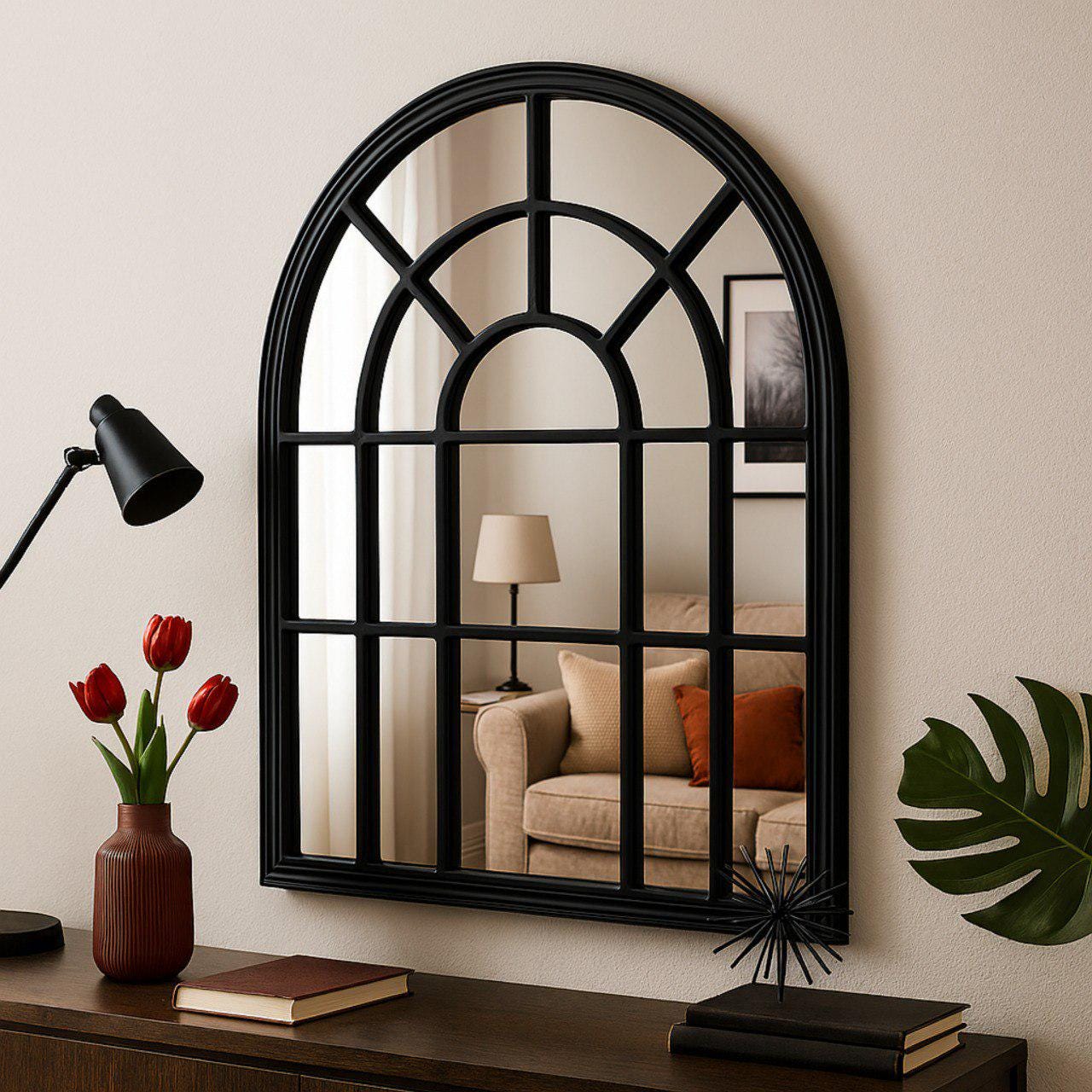 アーチ型の木製フレームの窓用ミラー：ヴィンテージスタイルの壁装飾