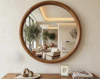 Espejo redondo con marco de nogal natural, decoración moderna, minimalista y rústica hecha a mano.