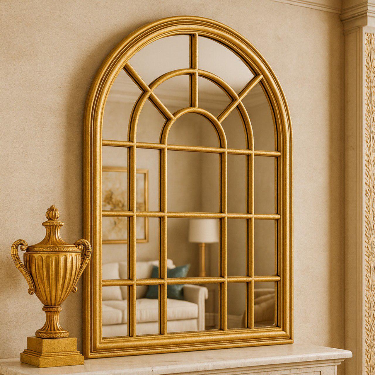 アーチ型の木製フレームの窓用ミラー：ヴィンテージスタイルの壁装飾