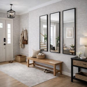 Può includere: Un ingresso moderno con tre specchi alti e rettangolari con cornici nere. Una panca in legno con un cesto intrecciato e un cuscino si trova sotto gli specchi. Un tappeto grigio chiaro e un tavolino nero con una lampada completano lo spazio.