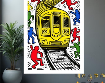 Colorful Keith Haring Inspired metro Train , Modern Urban Pop Art Street Print
