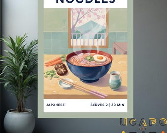 Noodles Poster, Japanese Style Wall Art, Food Print for Kitchen, Asian oriental dish