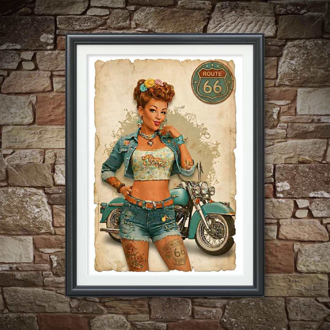 Route 66 Art Retro Pinup Girl Motorcycle Vintage Style Wall Poster ...