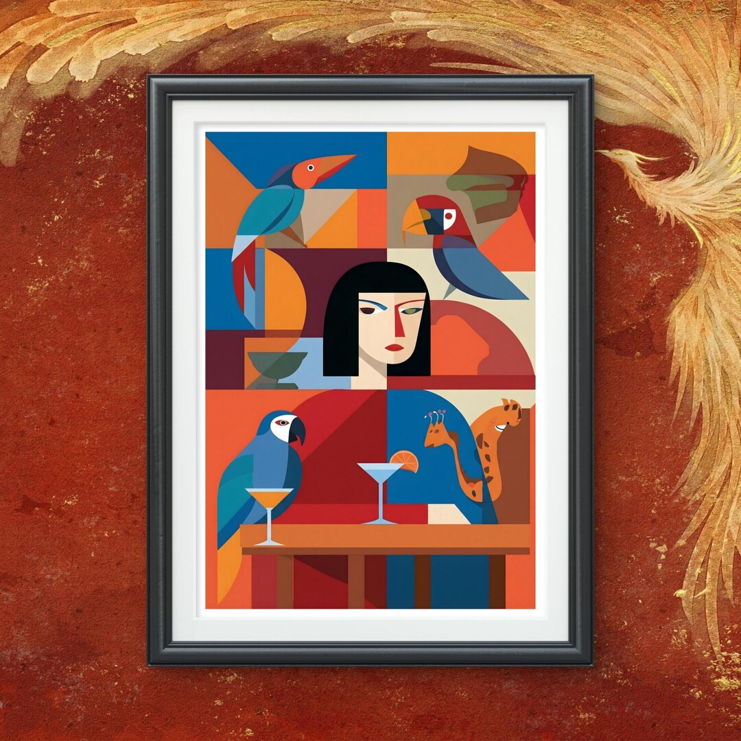 Abstract Cubist Art Print Woman Portrait Tropical Bird Mid Century ...