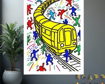 Keith Haring Inspired Subway  Print Vibrant Yellow Train Pop Art Graffiti Wall Decor