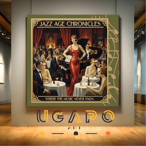 以下が含まれることがあります： 「Jazz Age Chronicles」と題された額入りのアートプリント。ジャズクラブのシーンが描かれています。赤いドレスを着た女性が中央に立ち、テーブルを囲むミュージシャンや常連客がいます。「Where the Music Never Ends」というテキストも表示されています。