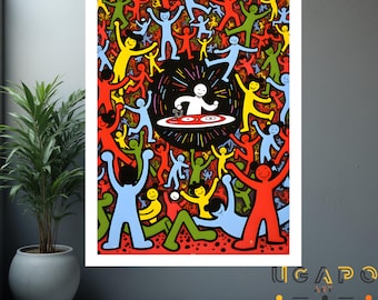 Keith Haring Inspired DJ Poster Colorful Pop Art Music Wall Decor Retro Clubbing Print
