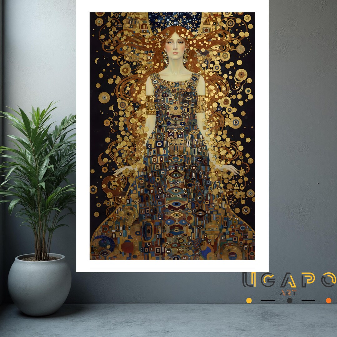 Gustav Klimt Inspired Goddess Print, Gold Art Nouveau Celestial Woman ...
