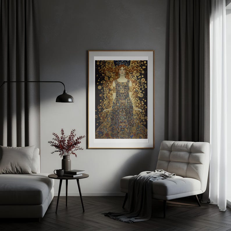 Gustav Klimt Inspired Goddess Print, Gold Art Nouveau Celestial Woman ...