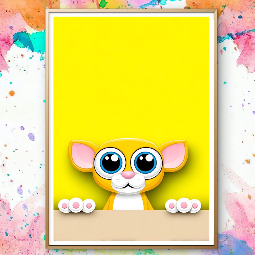 Yellow Cat Art Animal Illustration Big Eyed Kitten Kids Room Poster - Etsy