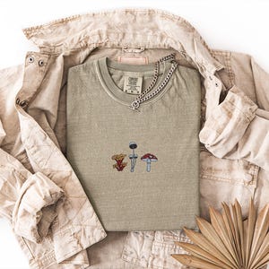 Embroidered Mushrooms Unisex T-shirt Botanical Shirt Gift For Gardener Nature Inspired Clothing Mushroom Design Top Summer Apparel