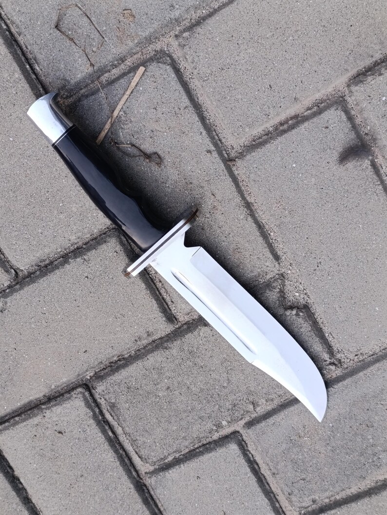 May include: A hunting knife with a polished, silver blade and a black handle. The knife has a silver bolster and a silver cap on the end of the handle. The blade is curved and has a sharp point.