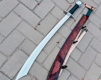 Handmade Medieval Falchion Sword with Hand-Tooled Leather Sheath | Carbon Steel Custom Forged Knight's Sword.