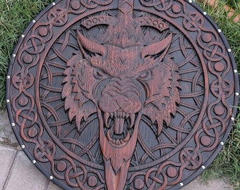 Viking Wolf Hand Carved Wooden Shield | Norse Celtic Knot Wall Decor | Fenrir Sword Design.