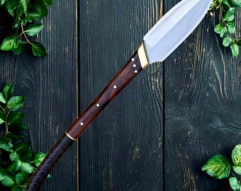 Handmade Medieval Fantasy Leaf Blade Display Spear with Wood Shaft, Elven Ranger Cosplay Prop, LARP Collectible Wall Decor
