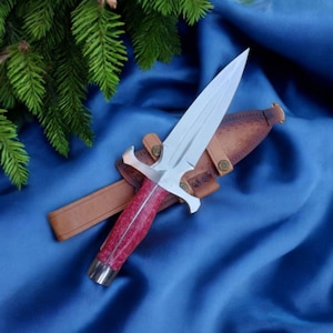 Könnte beinhalten: Ein dekorativer Dolch mit silberner Klinge und einem rot-silbernen Griff, der auf einer braunen Lederscheide ruht. Der Dolch ist vor einem blauen Hintergrund mit einem Zweig grüner Kiefernnadeln platziert.