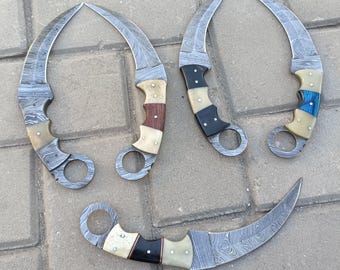 Hand Forged Damascus Steel Karambit Knife, Custom Handle