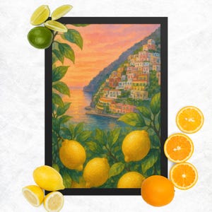 Framed Amalfi Lemon Tree Print | Positano Sunset Coastal Wall Art | Italian Summer Home Decor
