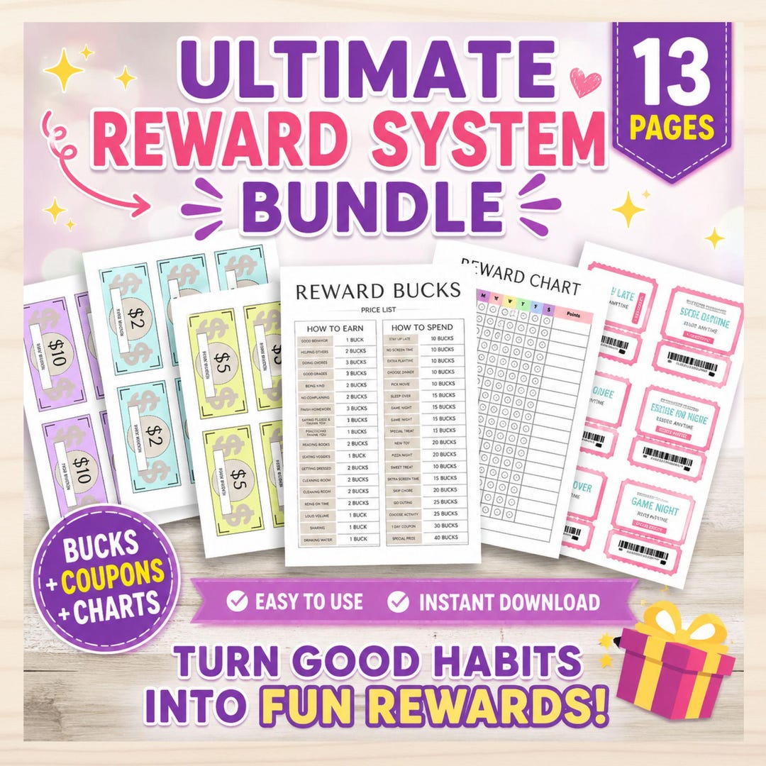 Reward Chart for Kids Printable Chore Chart Reward Bucks Coupons ...