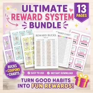 Può includere: Un pacchetto di sistema di ricompensa di 13 pagine con banconote premio stampabili in vari tagli, una tabella dei premi e coupon. I documenti includono testo come Ultimate Reward System Bundle, Reward Bucks, Reward Chart e Bucks + Coupons + Charts.