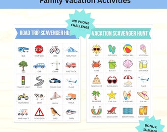 Paquete de actividades para viajes por carretera para niños: búsqueda del tesoro para vacaciones, imprimible para viajes en coche de verano.