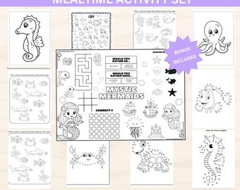 Mantel individual imprimible con actividades de restaurante de sirenas: juegos para colorear de animales marinos y paquete de actividades de viaje en PDF.