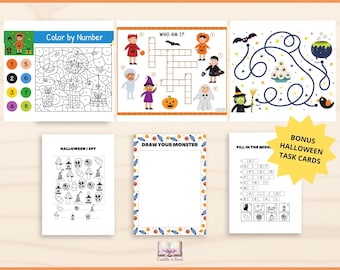 Actividades de Halloween para niños Paquete de hojas de trabajo de Halloween Jardín de infancia Grado 1 Centros de lectoescritura y matemáticas Trabajo matutino Tema para alumnos que terminan temprano
