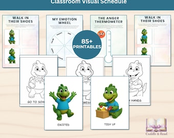 Paquete de actividades de aprendizaje socioemocional con temática de dinosaurios. Kit de herramientas de aprendizaje socioemocional. Horario visual. Actividades sobre sentimientos. Aula preescolar.