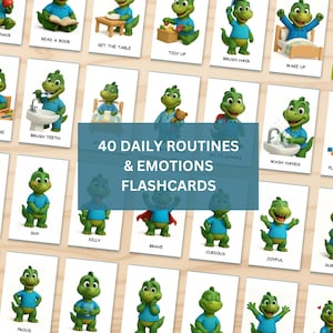 Dinosaur Daily Routine & Emotions Flashcards Bundle | 40 Printable Montessori Preschool Routine Cards | Visual Schedule Morning Routine