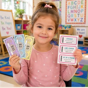 May include: A set of printable classroom reward coupons and play money featuring a purple $10 bill, a blue $2 bill, a yellow $5 bill, and a white sheet with three pink-bordered coupons labeled Sticker, Line Leader, and Sit By A Friend.
