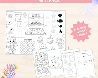 Paquete pequeño de manteles individuales imprimibles para niños con temática de sirenas y actividades sin pantallas (PDF).