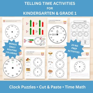 May include: Educational worksheets for telling time activities for kindergarten and grade 1, featuring clock faces, cut and paste exercises, time math problems, and daily routine coloring pages with text labels like Bonus Daily Routine Coloring.
