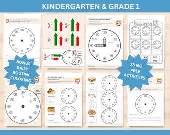 Hojas de trabajo para aprender a decir la hora, actividades para el centro de matemáticas de jardín de infantes, práctica del reloj, unidad de tiempo imprimible para primer grado, recurso para el aula sin preparación.