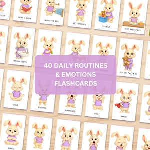 Bunny Daily Routine & Emotions Flashcards Bundle Printable Montessori Preschool Visual Schedule Digital Download PDF Easter Basket Gift Idea
