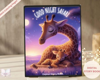 May include: A digital story book titled Good Night Safari featuring an illustration of a mother giraffe and her calf resting in a purple and orange sunset landscape. The cover includes the text Good Night Safari and Digital Story Book.