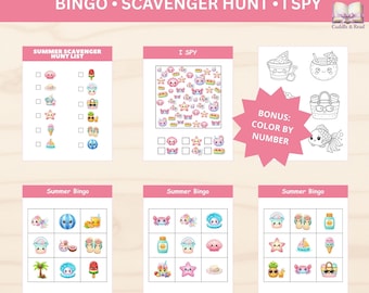 Paquete de actividades de verano Kawaii Mini: Juegos de verano para niños pequeños: búsqueda del tesoro, bingo en la playa y juego de "Veo, veo".