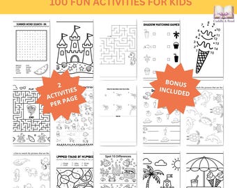 Paquete de 100 juegos imprimibles para viajes de verano: juegos para ahorrar papel para niños en viajes por carretera y actividades para cabañas de campamento de verano (PDF)