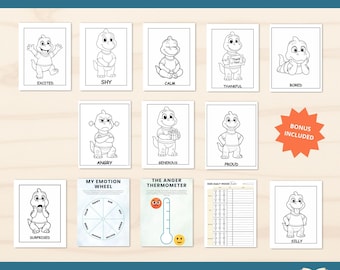 Páginas para colorear imprimibles de dinosaurios para el aprendizaje socioemocional y hojas de trabajo de actividades sobre emociones con registro del estado de ánimo y termómetro para el rincón de la calma.