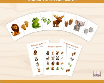 Tarjetas imprimibles para emparejar huellas de animales. Actividad Montessori sobre la naturaleza para niños en edad preescolar. Tarjetas didácticas de huellas de animales salvajes en formato PDF.