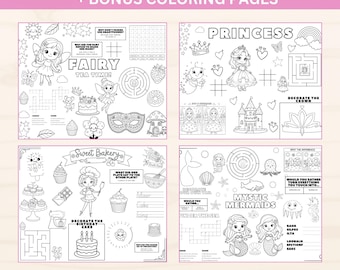 Paquete de manteles individuales con actividades para niñas: 8 temas que incluyen sirenas, princesas y unicornios.