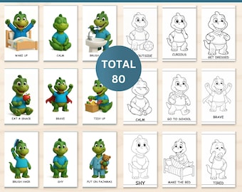 Paquete imprimible de tarjetas didácticas sobre rutinas y emociones de dinosaurios: Horario matutino Montessori y páginas para colorear de actividades (PDF)