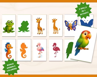 Juego imprimible de emparejamiento de sombras de animales Montessori para preescolares Siluetas de animales salvajes 50 tarjetas didácticas Aprendizaje para niños pequeños
